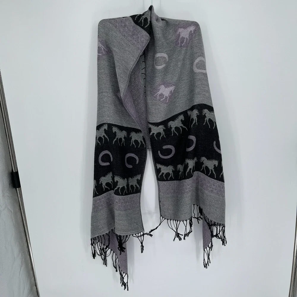 Pashmina Women's Grey Horse Horseshoe Silk Blend Fringe Wrap Shawl Scarf Size OS